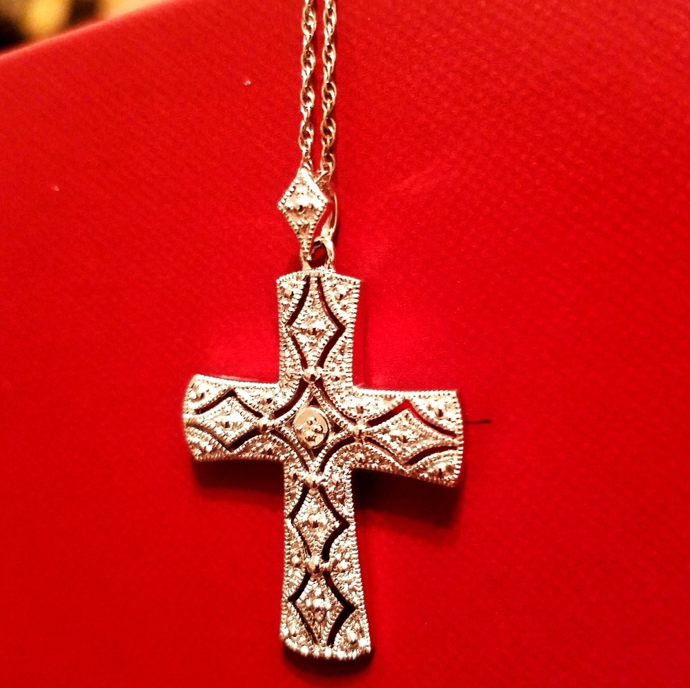 Cross diamond filigree necklace 925 SS - Picture 5 of 7